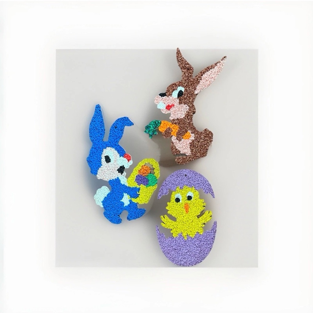 THREE Vintage Melted Popcorn Easter Decorations Bunny Egg Retro Hanging 16” 21”